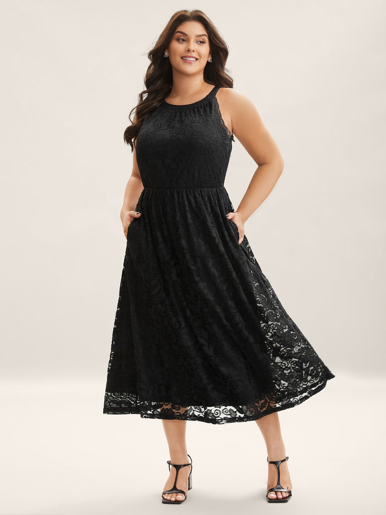 Textured Lace Sleeveless Pockets Midi Dress