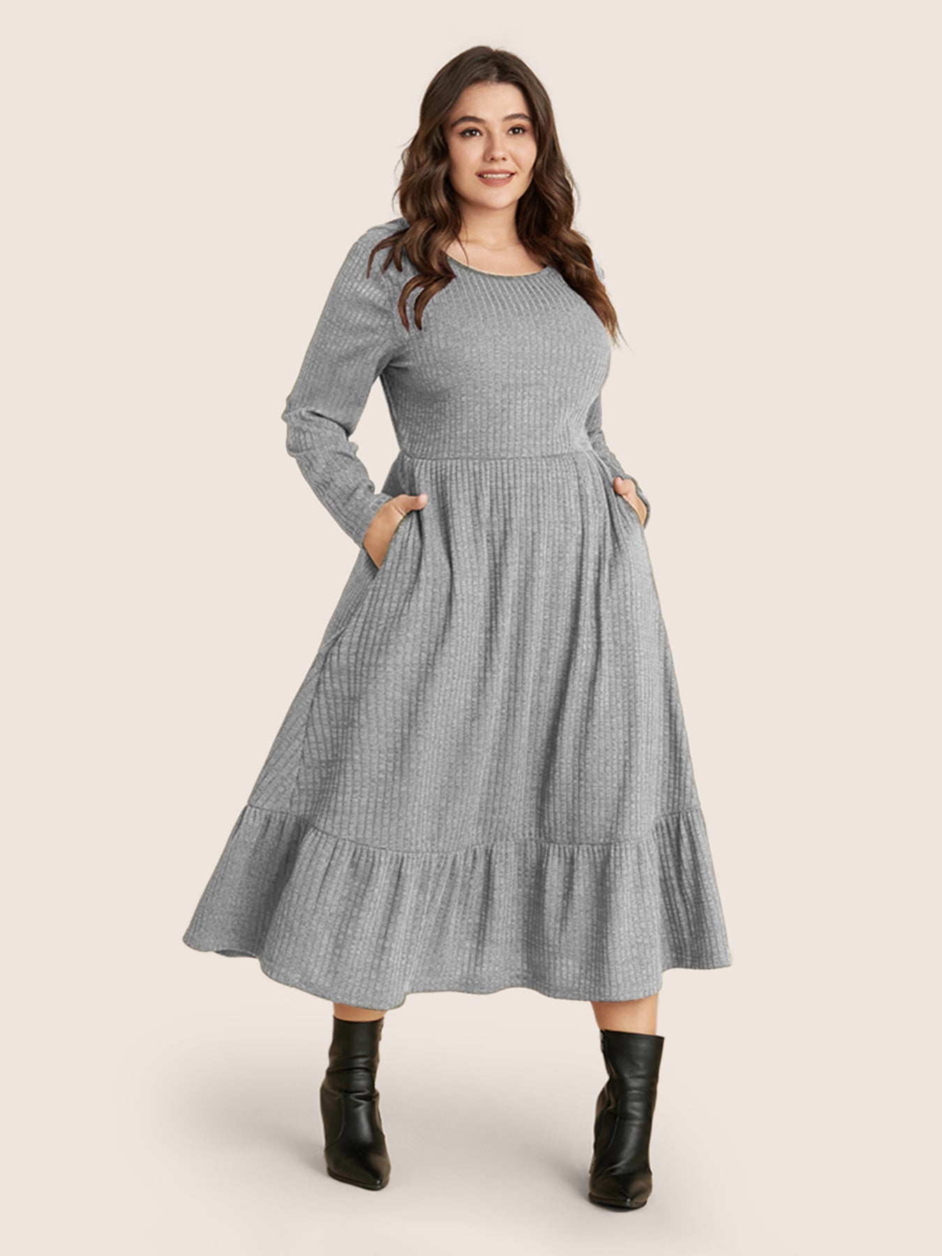 Pinterest Ribbed Solid Ringer Dress Solid Pocket Rib Knit Ruffle Hem Dress Without Belt – BloomChic