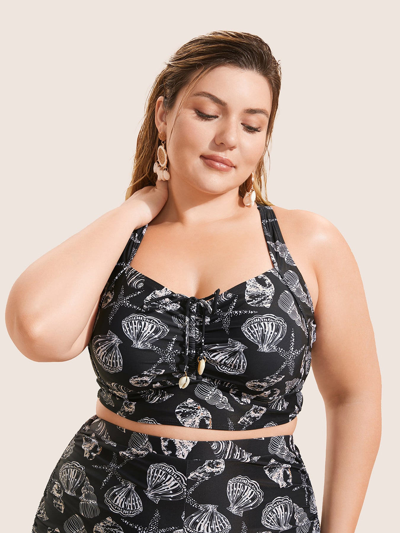 Shell Print Drawstring Ruched Skinny Swim Top BloomChic shell-print-drawstring-ruched-skinny-swim-top-bloomchic