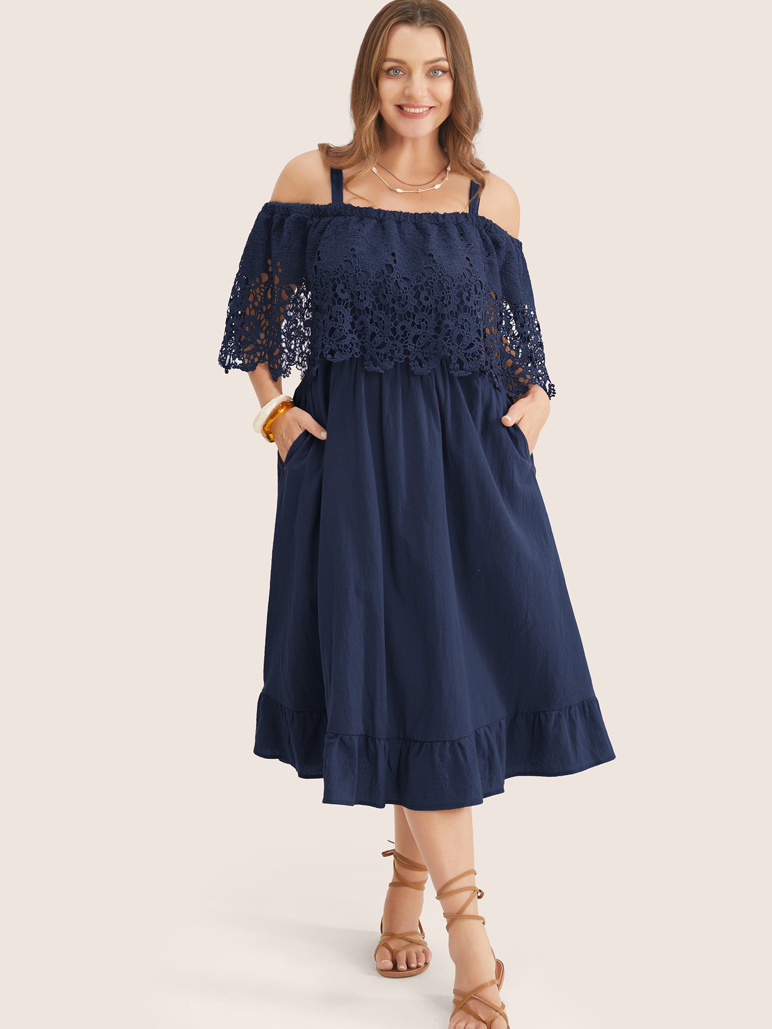 Solid Cold Shoulder Contrast Lace Pocket Ruffle Hem Dress – BloomChic
