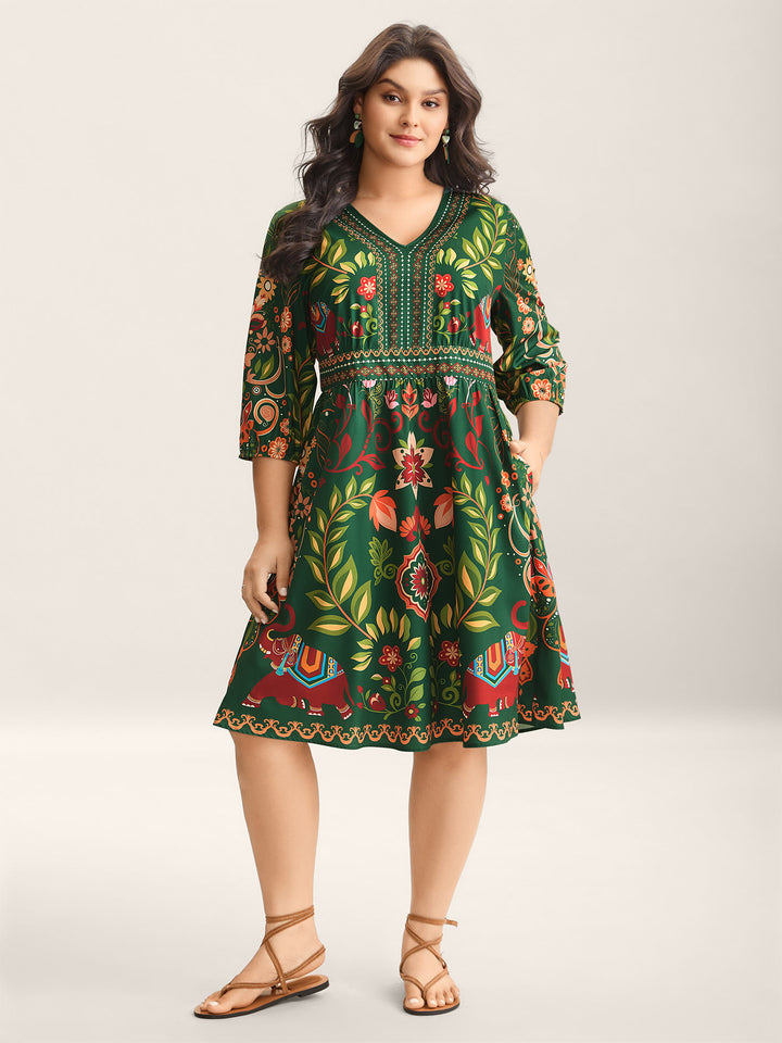 LauraKlein Boho Embroidered Floral Midi Dress - 3/4 Sleeve V Neck, European Ethnic Style | Spring & Summer - View #3
