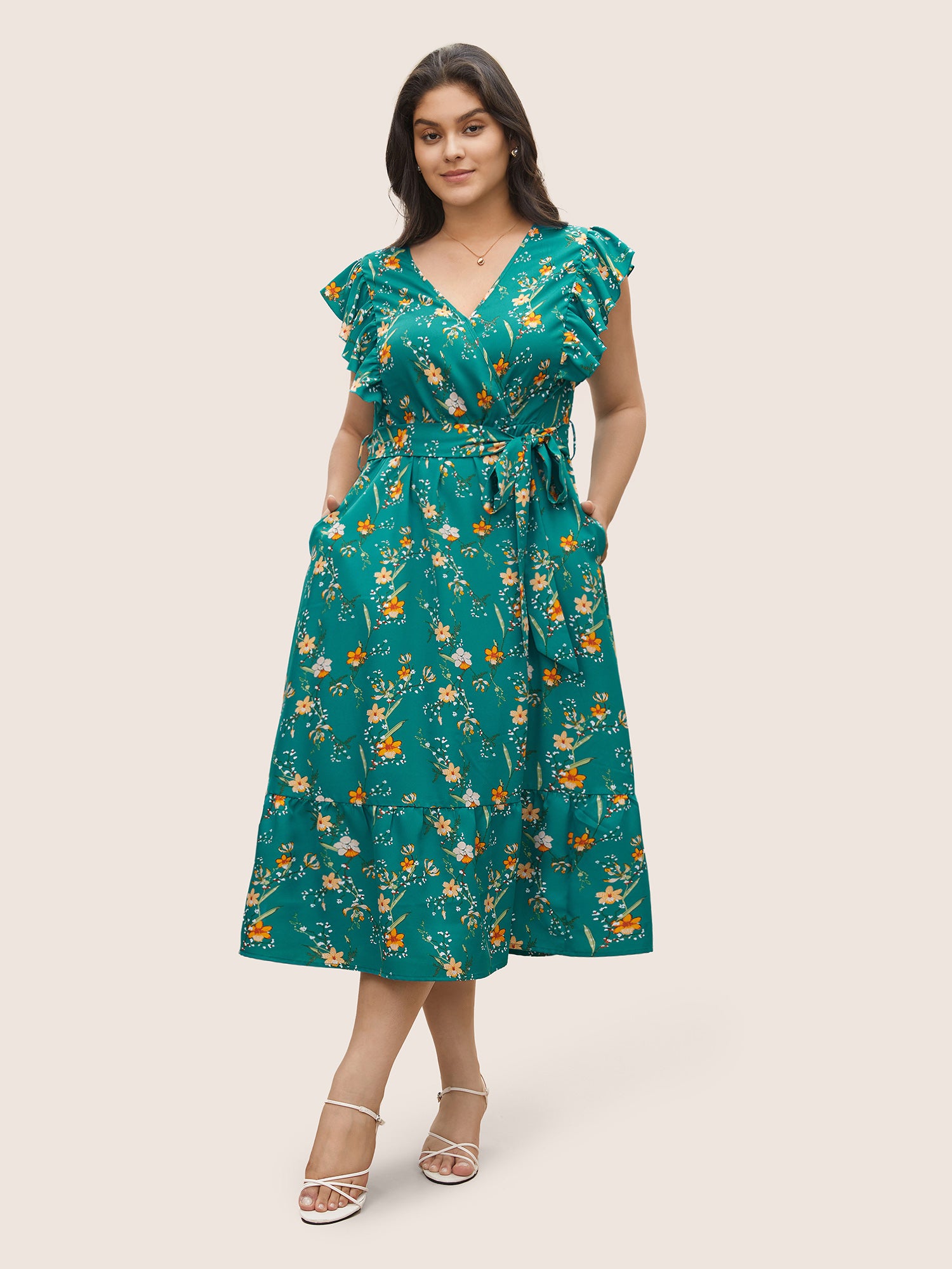 Ditsy Floral Flutter Trim Pocket Layered Hem Dress  BloomChic
