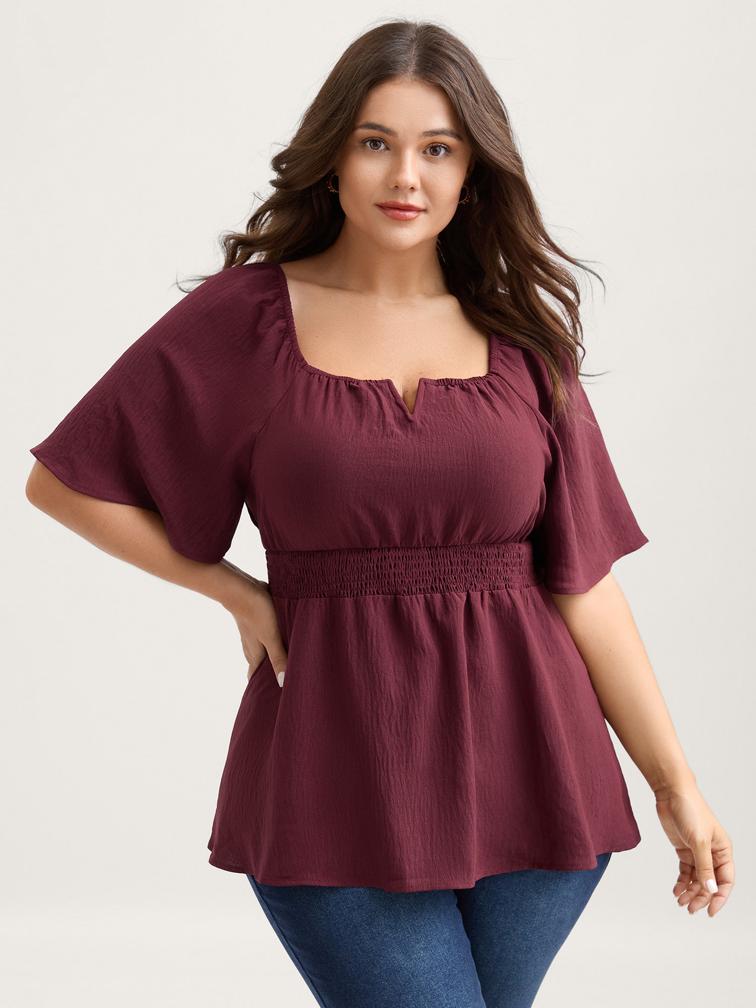 Stretchy Neckline Waist-Cinched Solid Blouse