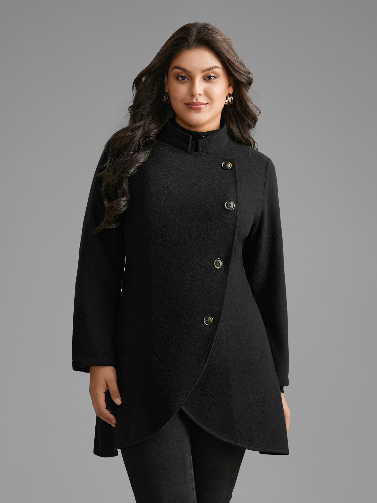 Wrap Button Solid Wrap Button Up Asymmetrical Hem Coat – BloomChic