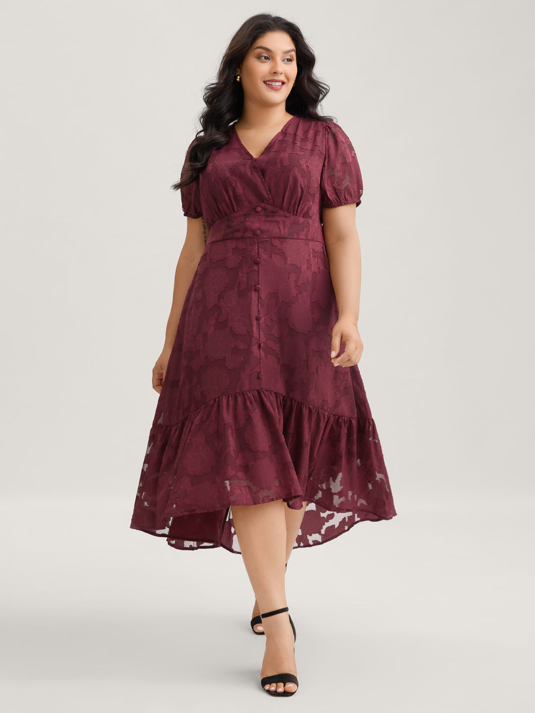 Solid Textured Lantern Sleeve Button Detail Dress – BloomChic