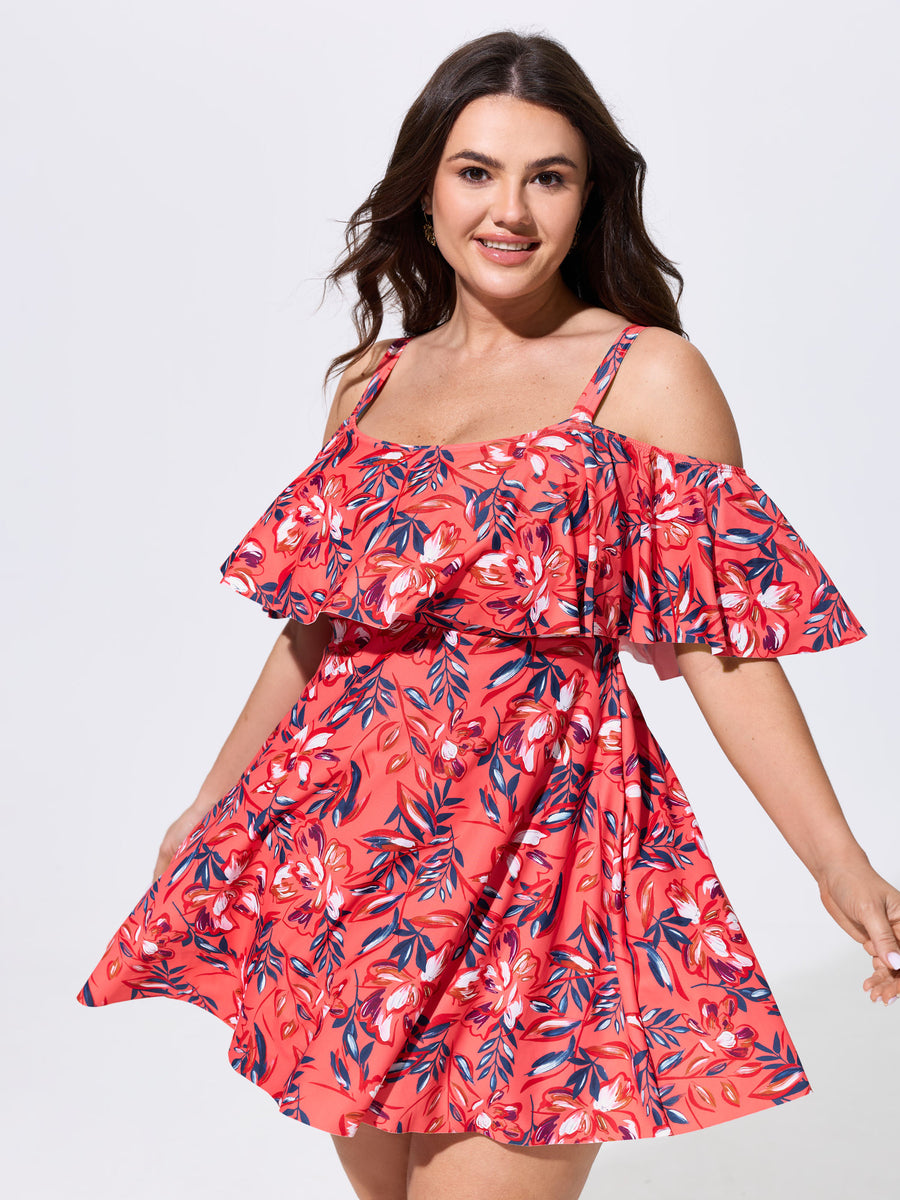 off shoulder swim dress Lands' End Women's Textured Shirred Swim Dress