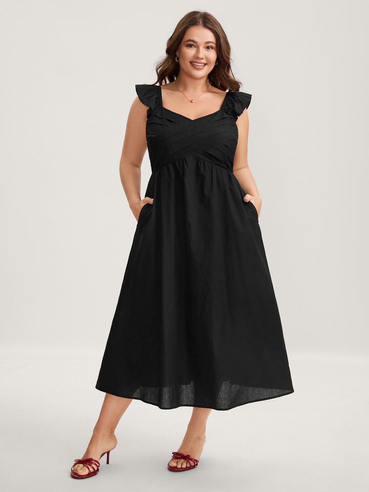 BloomChic Black Plus Size Cotton Midi Dress with Pleated Overlap Pockets, Elastic Waist, Heart Neckline, Cap Sleeve, 30/6X