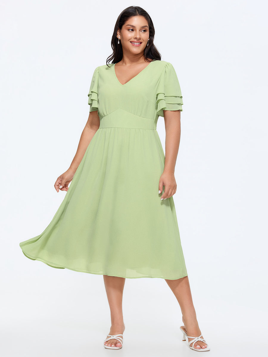 cinched waist midi dress BloomChic Women's Plus Size Plain Layered Sleeve Cinched-Waist Midi Dress LightGreen Solid Midi Elegant Ruffles 12/L