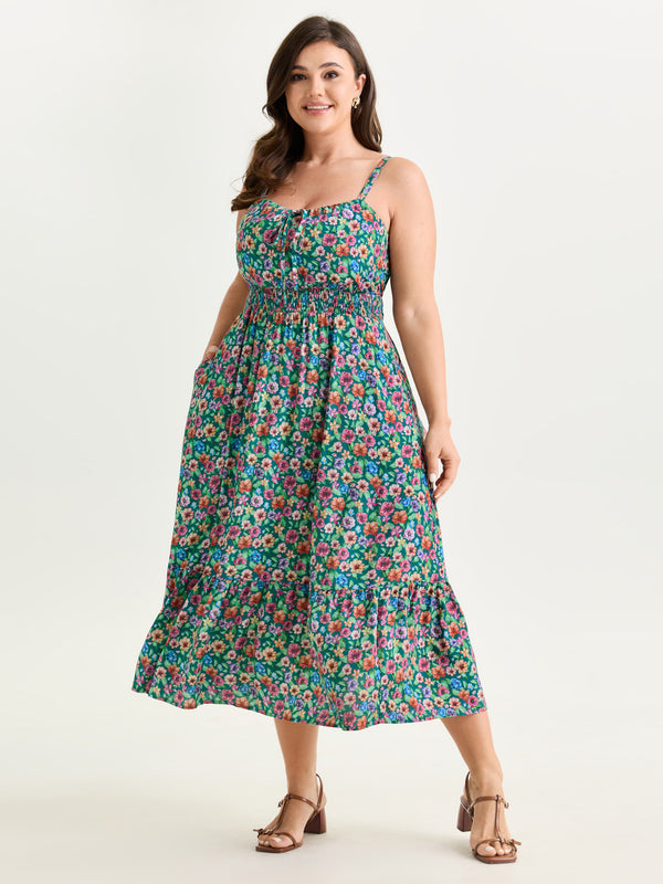 BloomChic Women's Plus Size Floral Print Shirred Waist Flowy Midi Dress Emerald Ditsy Floral Maxi Elegant Smocked 18-20/2X