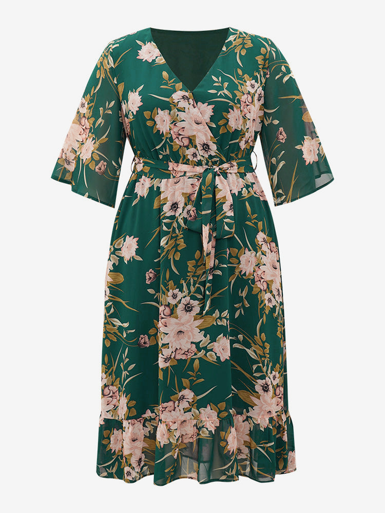 Floral Print Surplice Neck Belted Dress – BloomChic