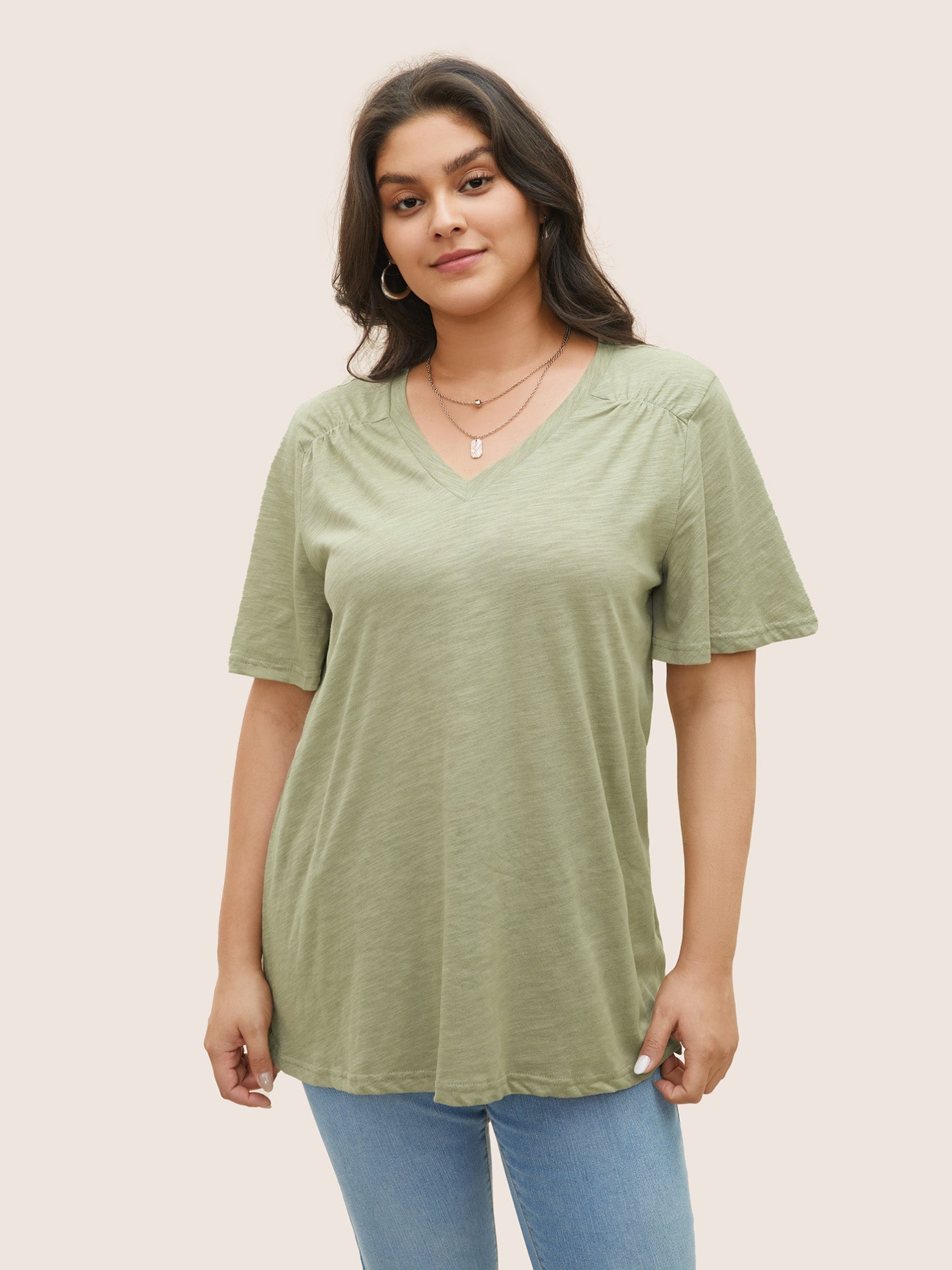 Plain Ruffle Sleeve Heather V Neck T-shirt – BloomChic