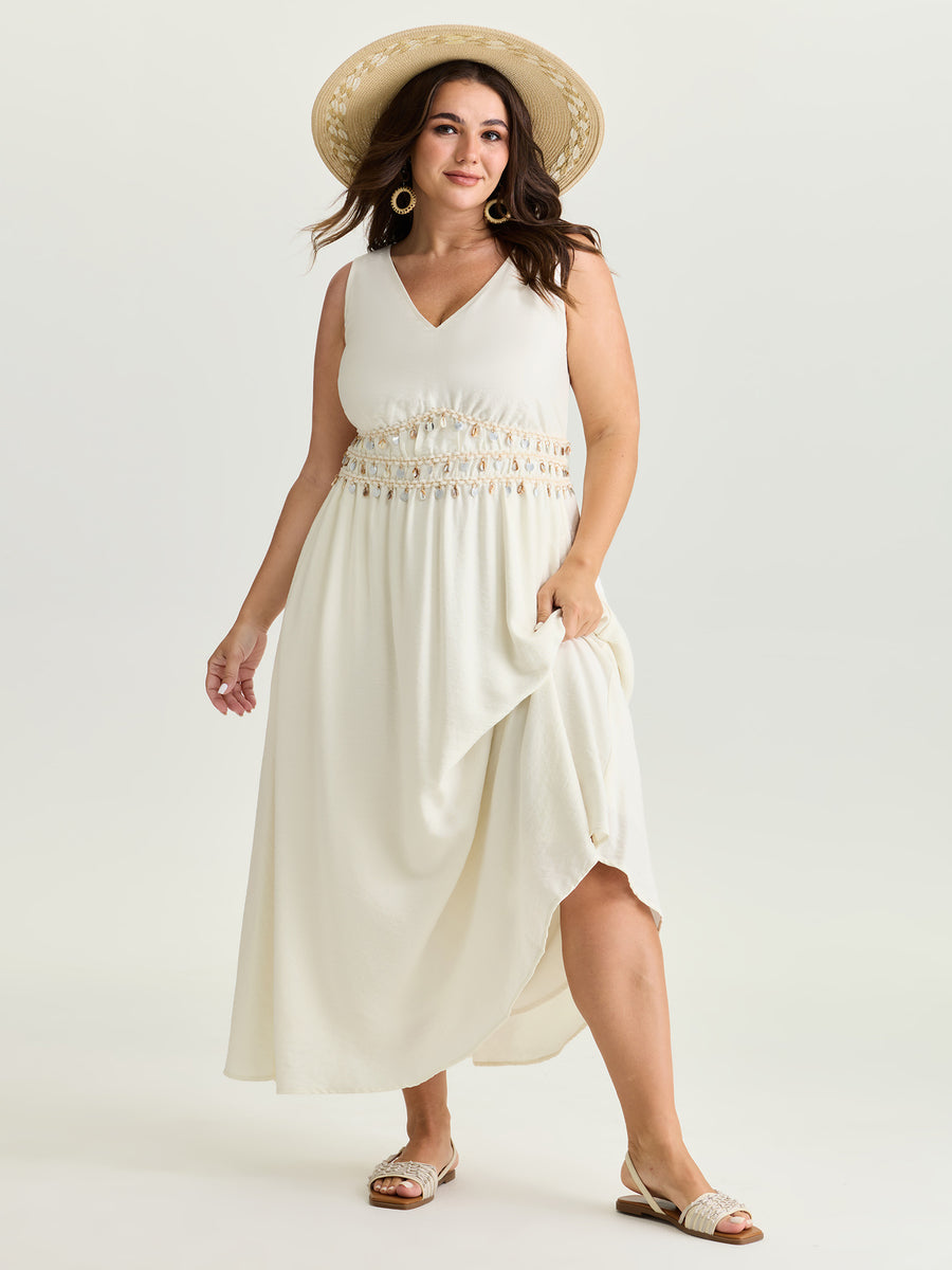 cinched waist maxi dress BloomChic Women's Plus Size Tassels Cinched-Waist V-Neck Maxi Dress Ivory Maxi Vacation Woven ribbon&lace trim 28/5X