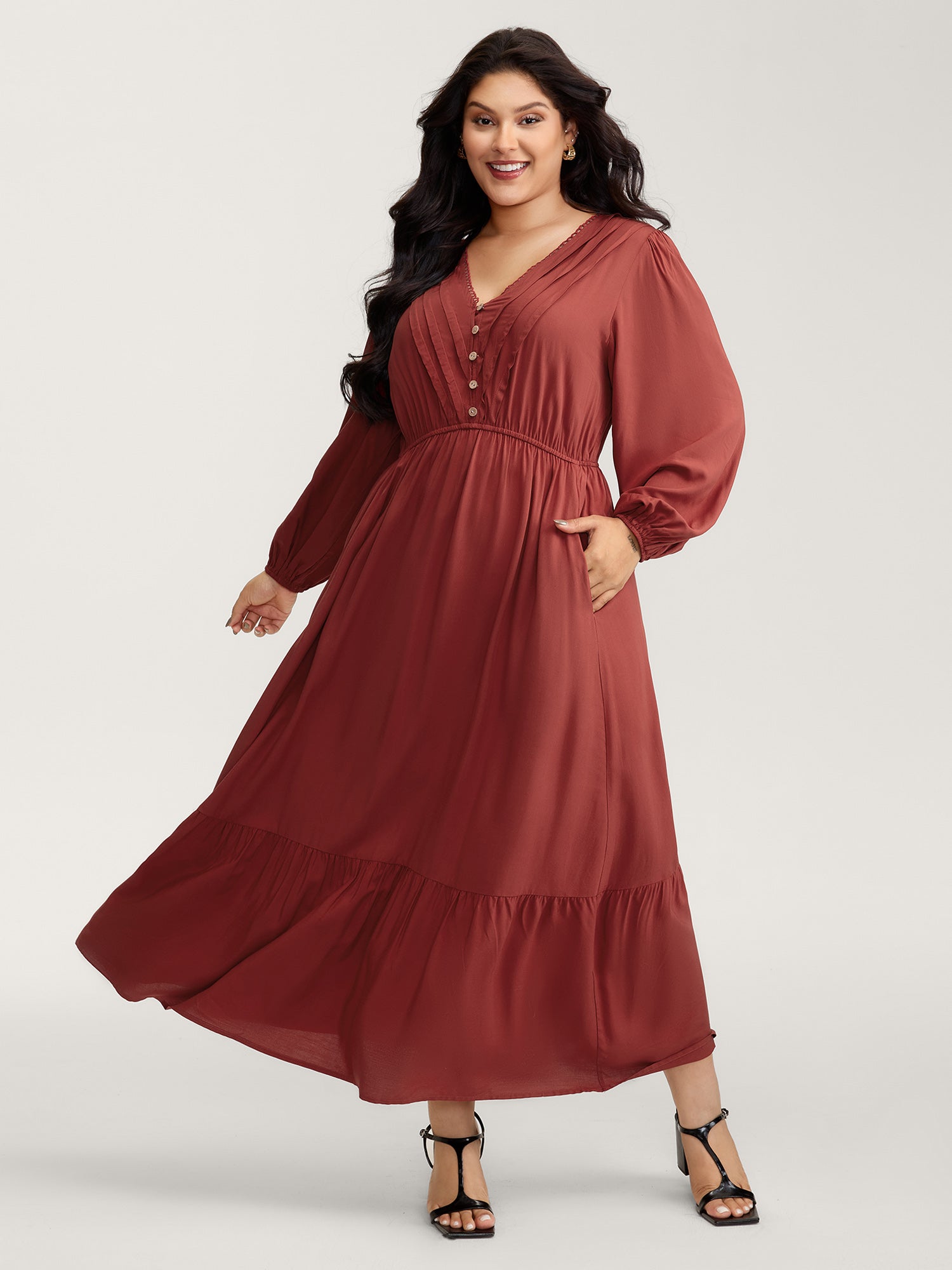 maxi bloomchic dresses BloomChic Women's Plus Size Maroon Pleated V-Neck Tiered Smocked Maxi Dress, 10/M