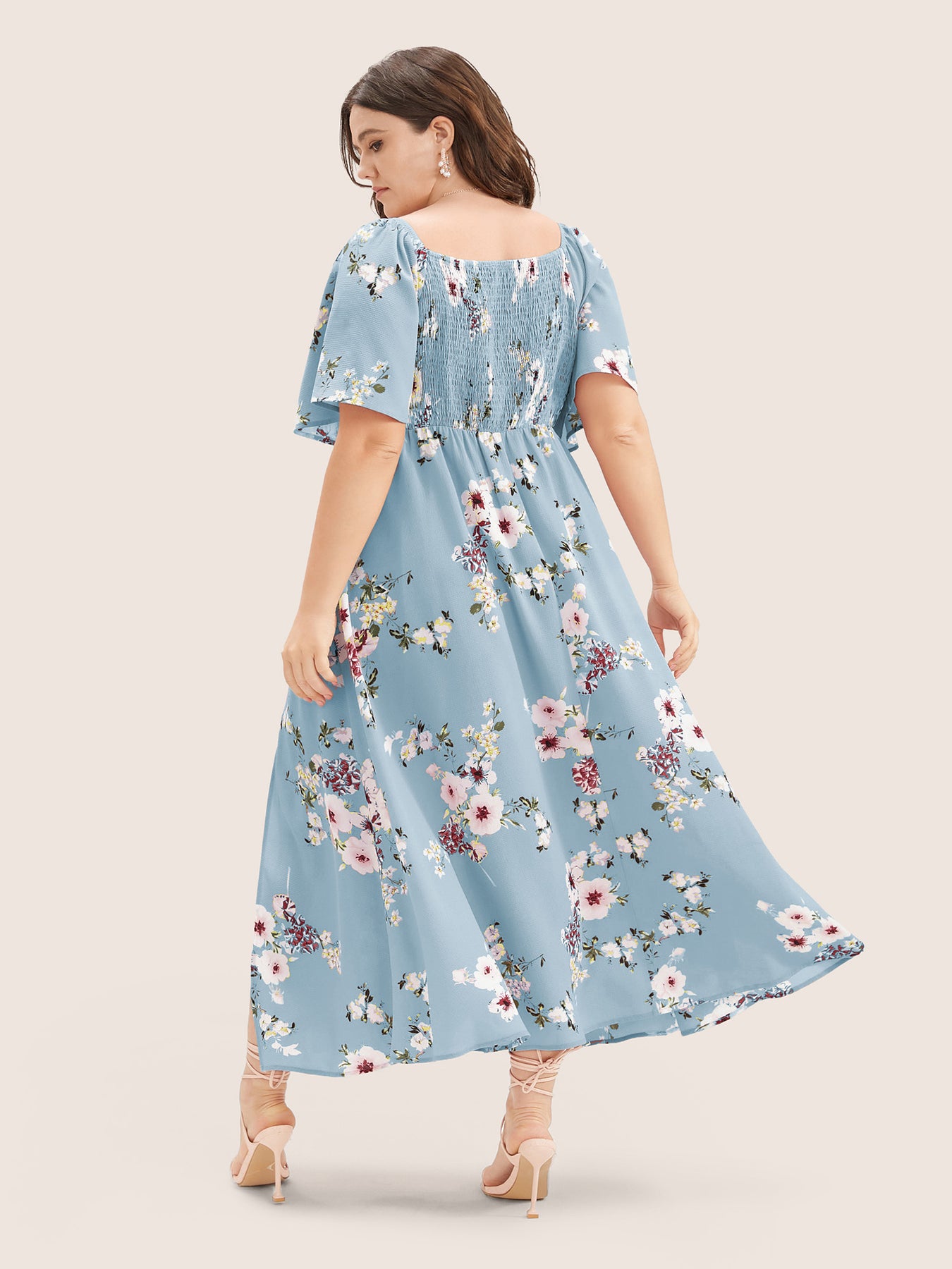 Floral Square Neck Ruffles Pocket Shirred Split Dress – BloomChic