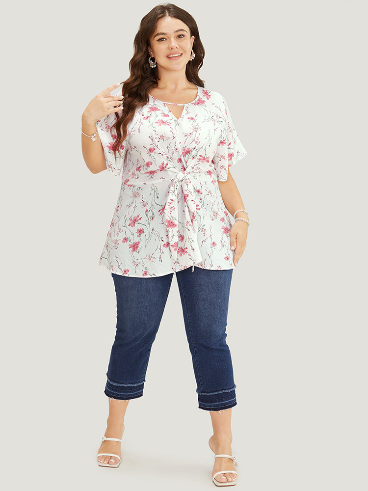 Floral Ruffle Knyhole Raglan Sleeve Knotted Front Blouse – BloomChic