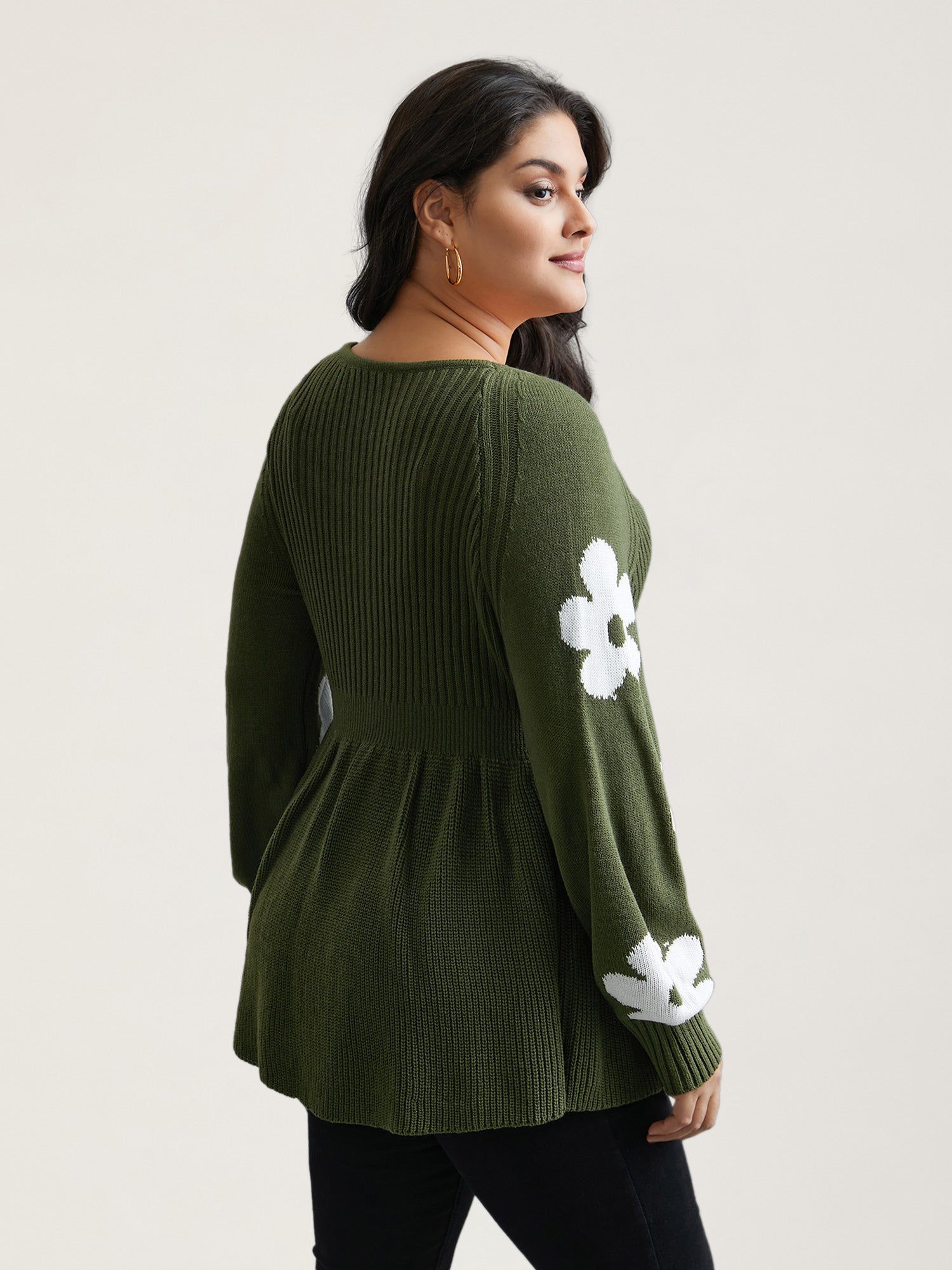 Floral Patch Jacquard Cinched Waist Pullover