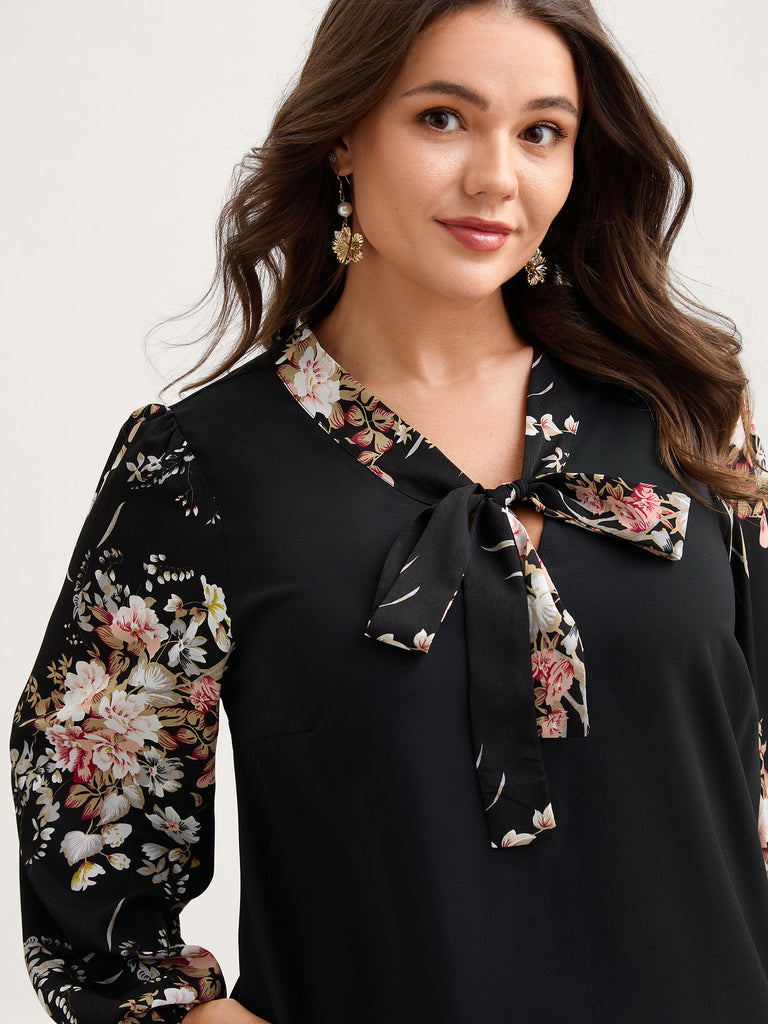 BloomChic Black Plus Size Floral Print Midi Dress with Ribbon-Tie Neck, 18-20/2X