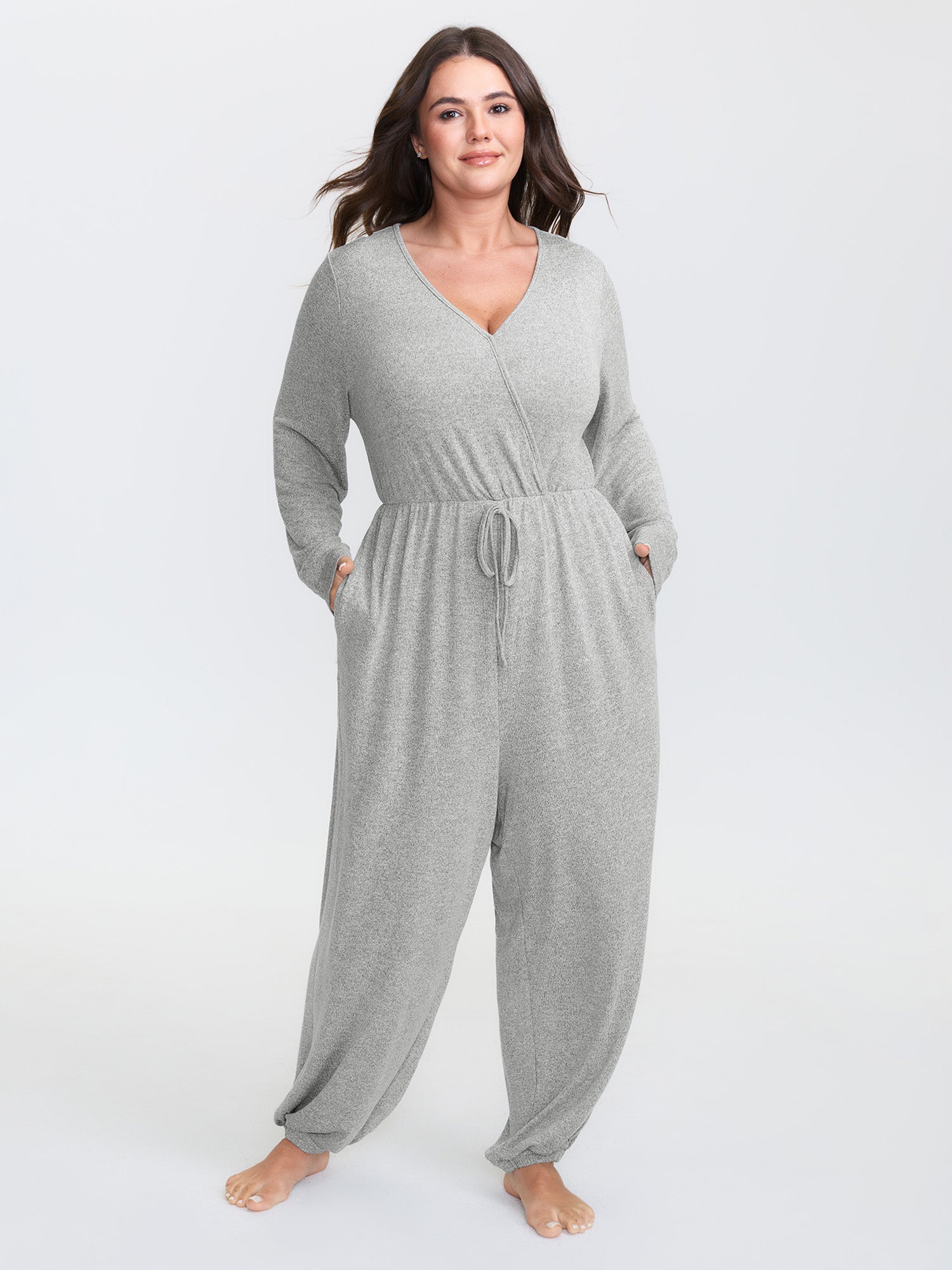 Elastic Waist Overlap Collar Lounge Jumpsuit