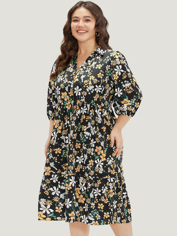Black Bloom Print Ruffle Hem Mini Shirt Dress