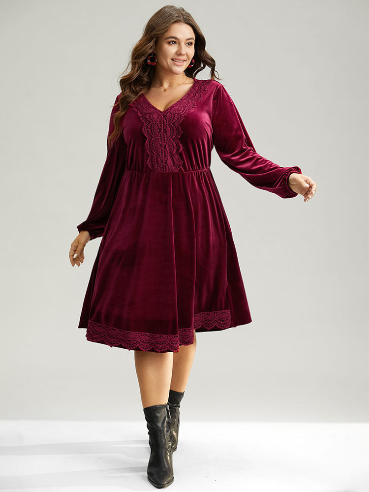 Velvet Lace Panel Elastic Cuffs Dress  BloomChic