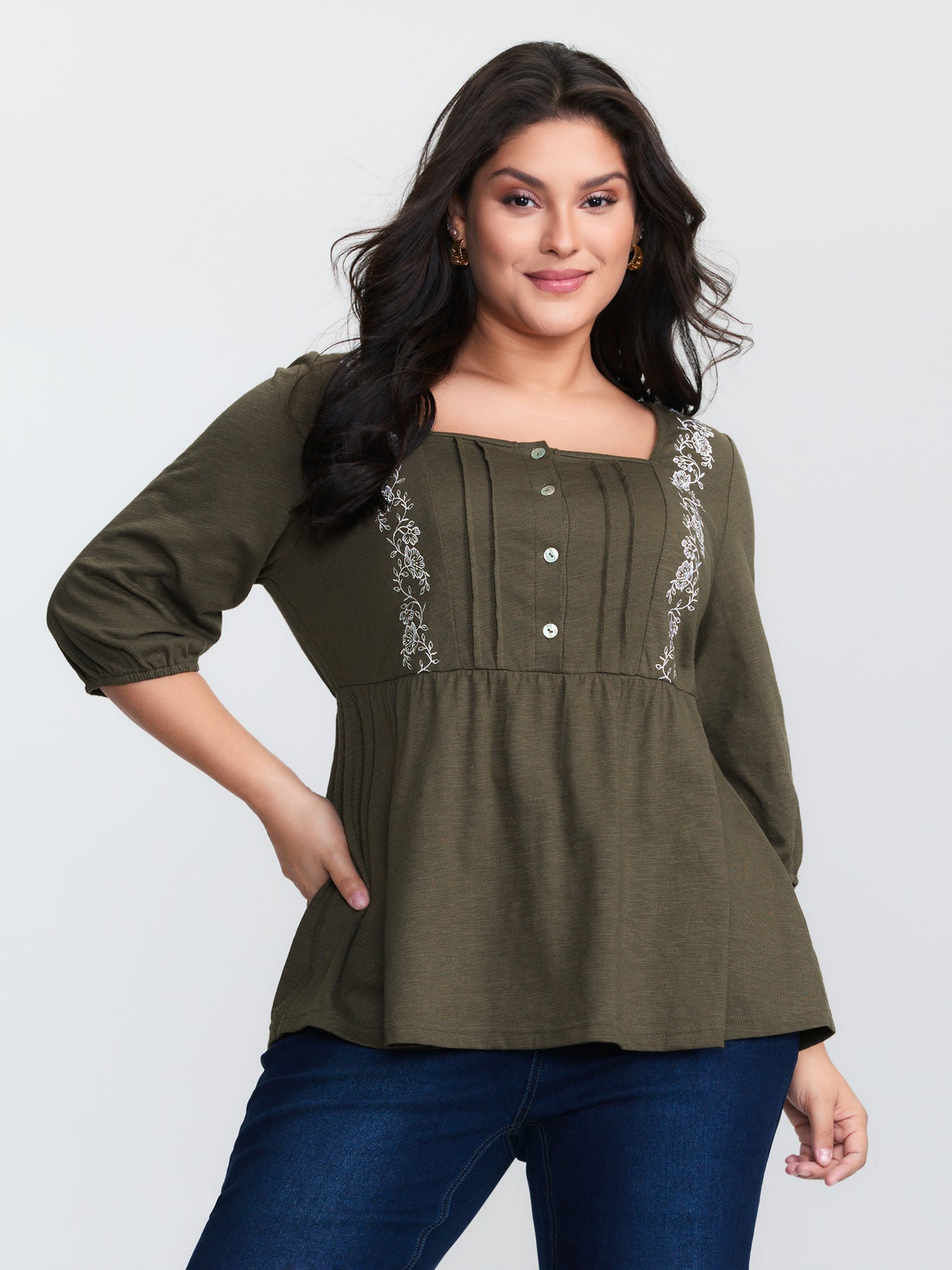 Floral Embroidered Square Neckline Button Top – BloomChic