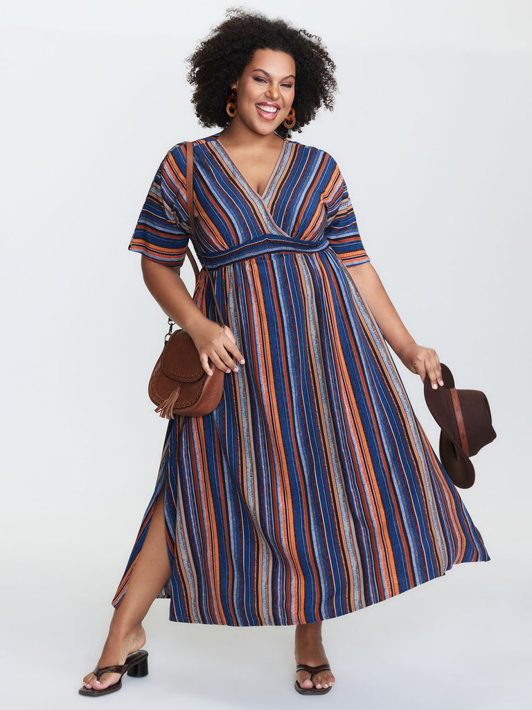 BloomChic Women's Plus Size Striped Contrast Dolman Sleeve Shirred Pocket Split Flutter Dress Blue Stripes Maxi Vacation Smocked 30/6X