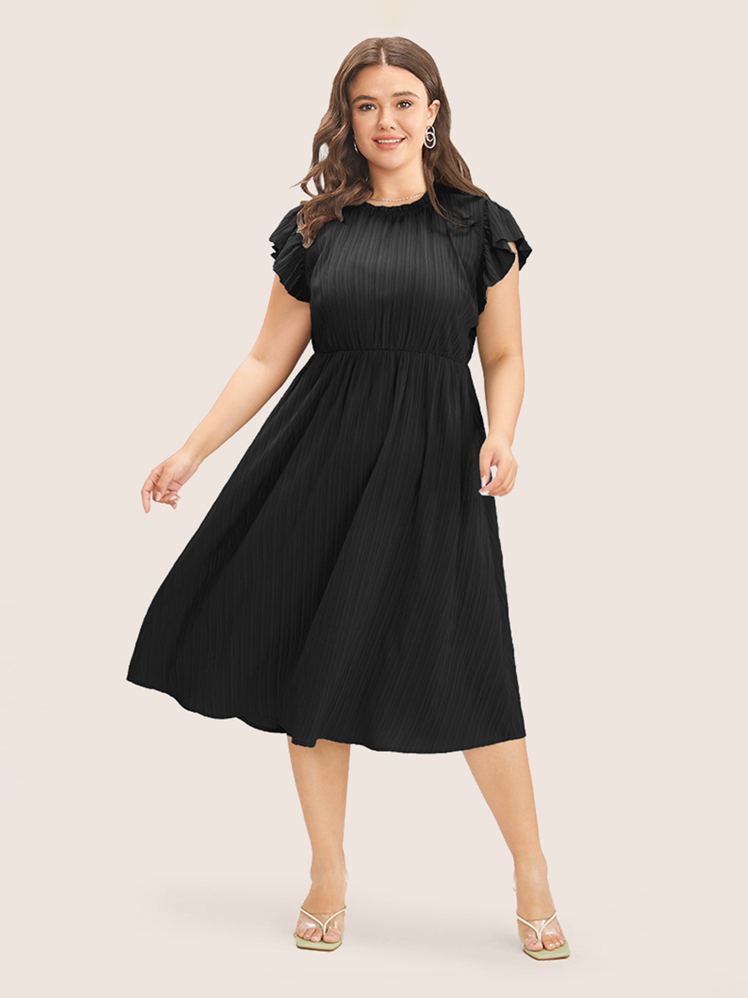 Pocketed Round Neck Cap Sleeve Dress