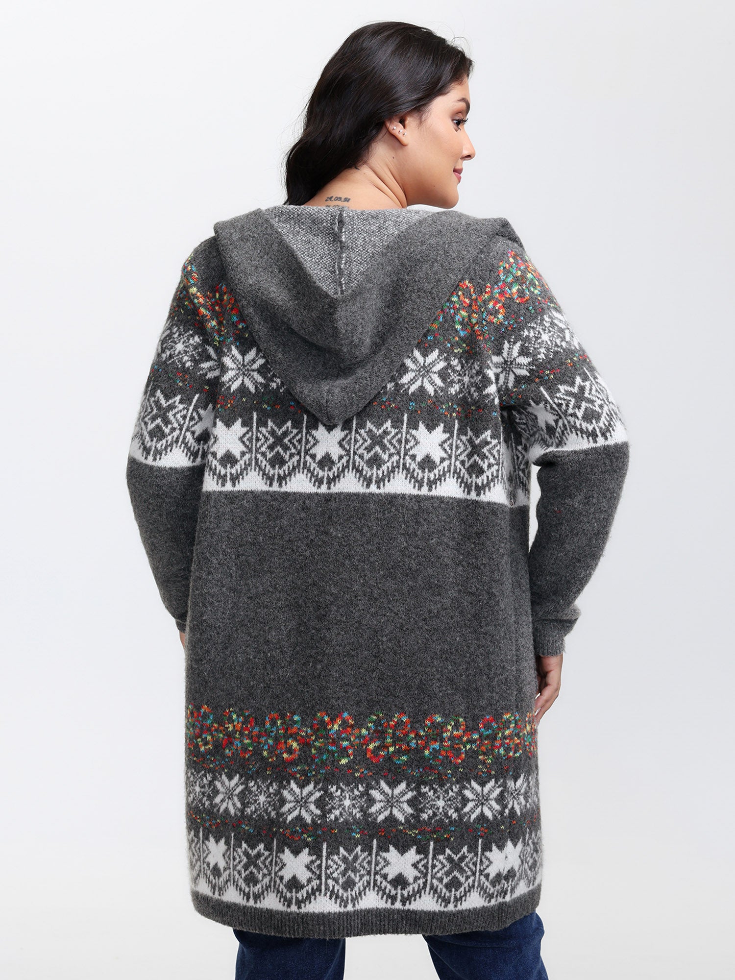 Boho Print Jacquard Hooded Knit Cardigan
