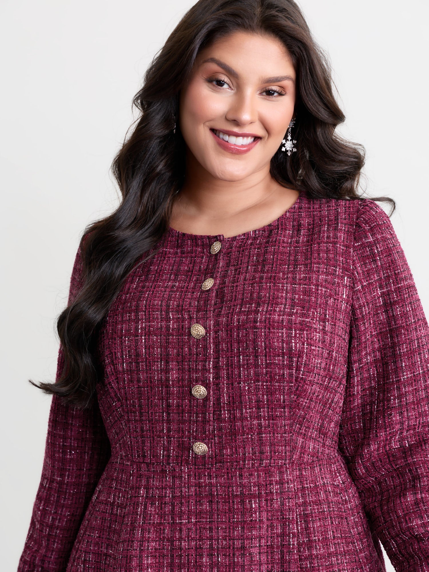 Tweed Metal Button Stretchy Waist Knee Dress