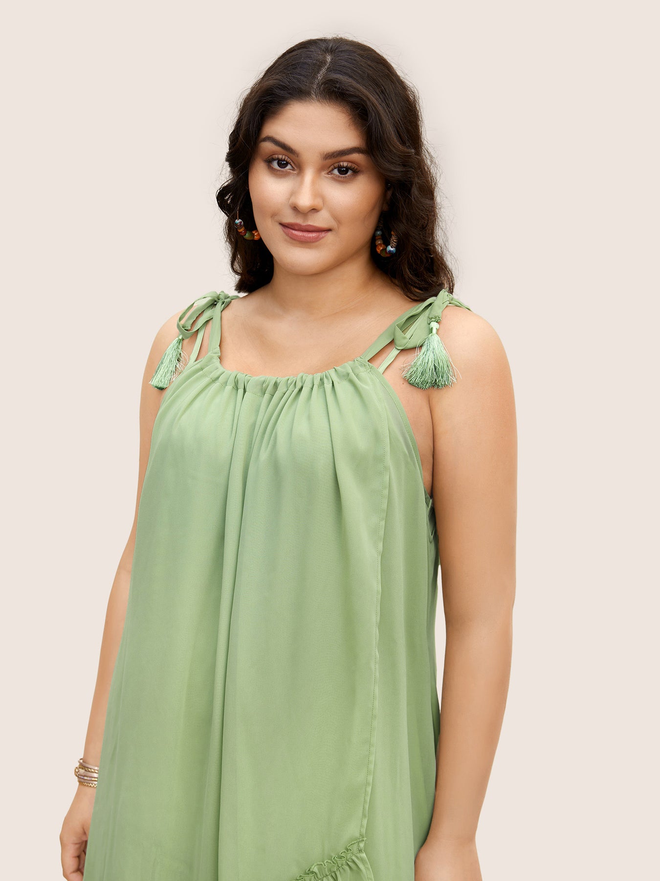 Solid Ruffles Tie Knot Tassel Trim Mesh Dress BloomChic solid-ruffles-tie-knot-tassel-trim-mesh-dress-bloomchic