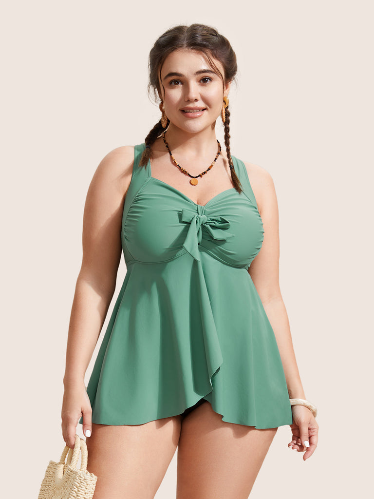 Plain Knotted Gathered Slit Front Swim Top