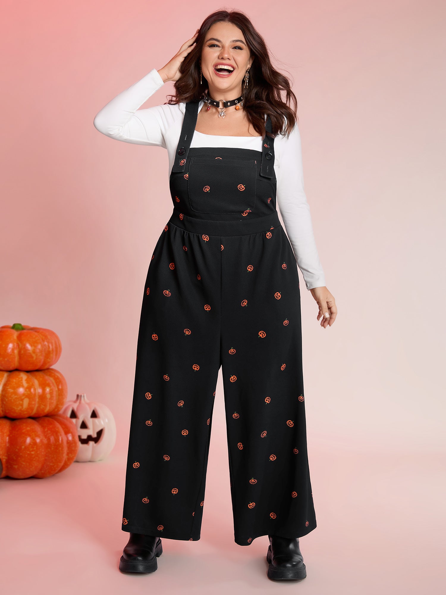 Pumpkin Print Stretchy Overall Strap Jumpsuit