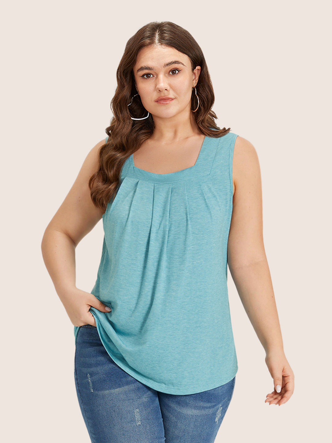 Heather Plicated Detail Square Neck Tank Top