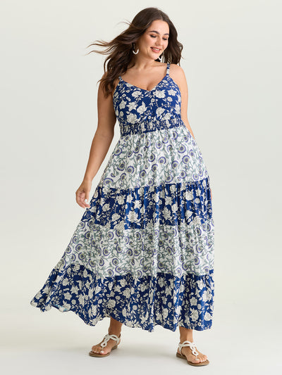 knee length dresses for ladies BloomChic Women's Plus Size Sweet Floral Lace Trim Tiered Maxi Dress Multicolor Ditsy Floral Maxi Vacation Ruched 26/4X main image 0