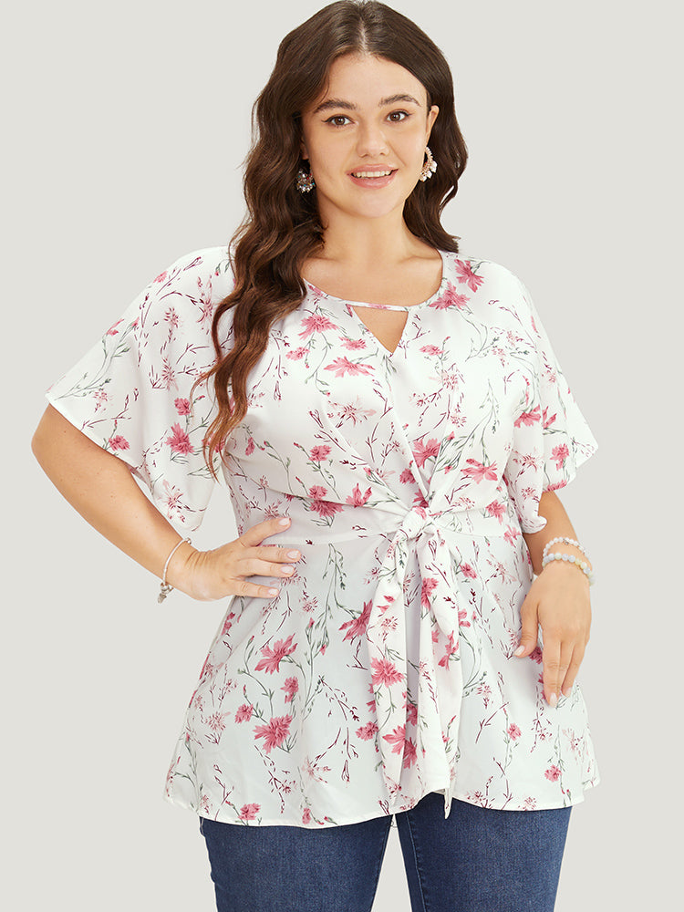Floral Ruffle Knyhole Raglan Sleeve Knotted Front Blouse – BloomChic