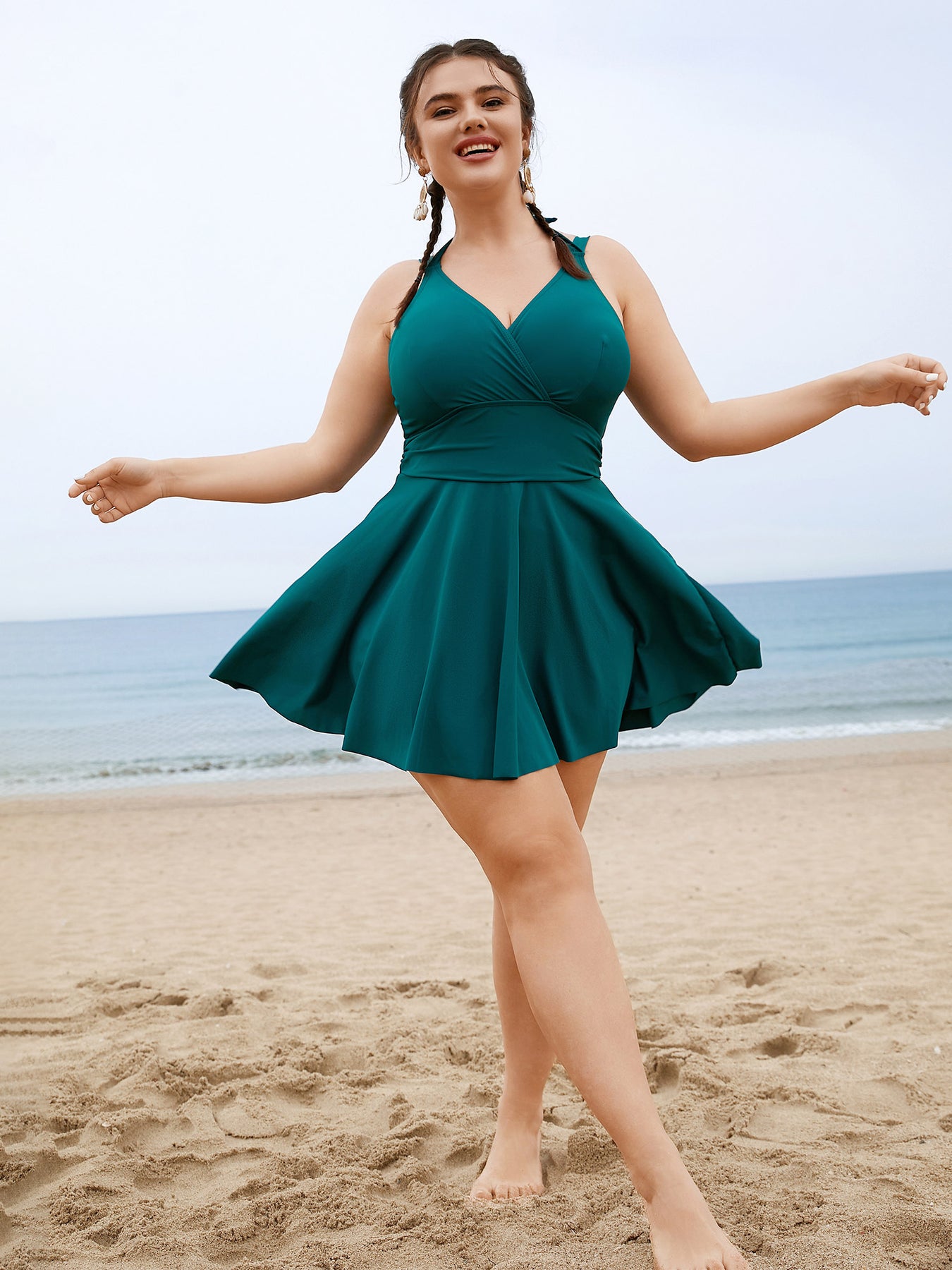 Solid Ruffle Hem Empire Waist Halter Neck Swim Dress – BloomChic