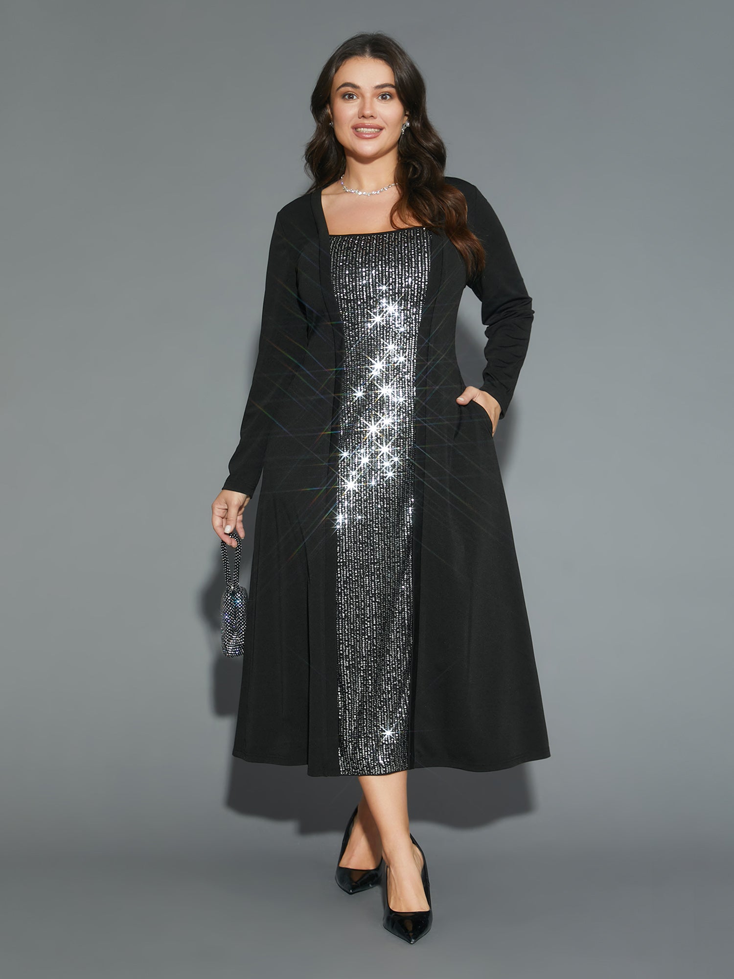 BloomChic Women's Plus Size Sequin Patchwork Elastic Waist Midi Dress Black Party Midi Patchwork Square Neck 30/6X BloomChic Women's Plus Size Sequin Patchwork Elastic Waist Midi Dress Black Party Midi Patchwork Square Neck 30/6X