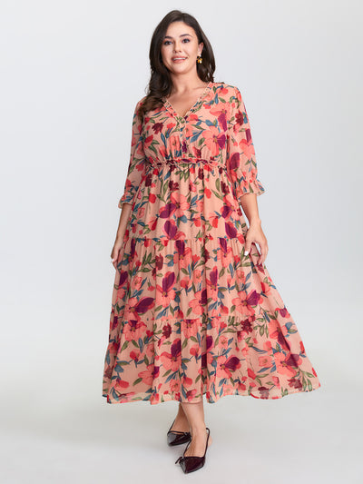 strapless open back dress Plus Size Party Dresses Floral Sequin Print Chiffon Dress Cap Sleeve