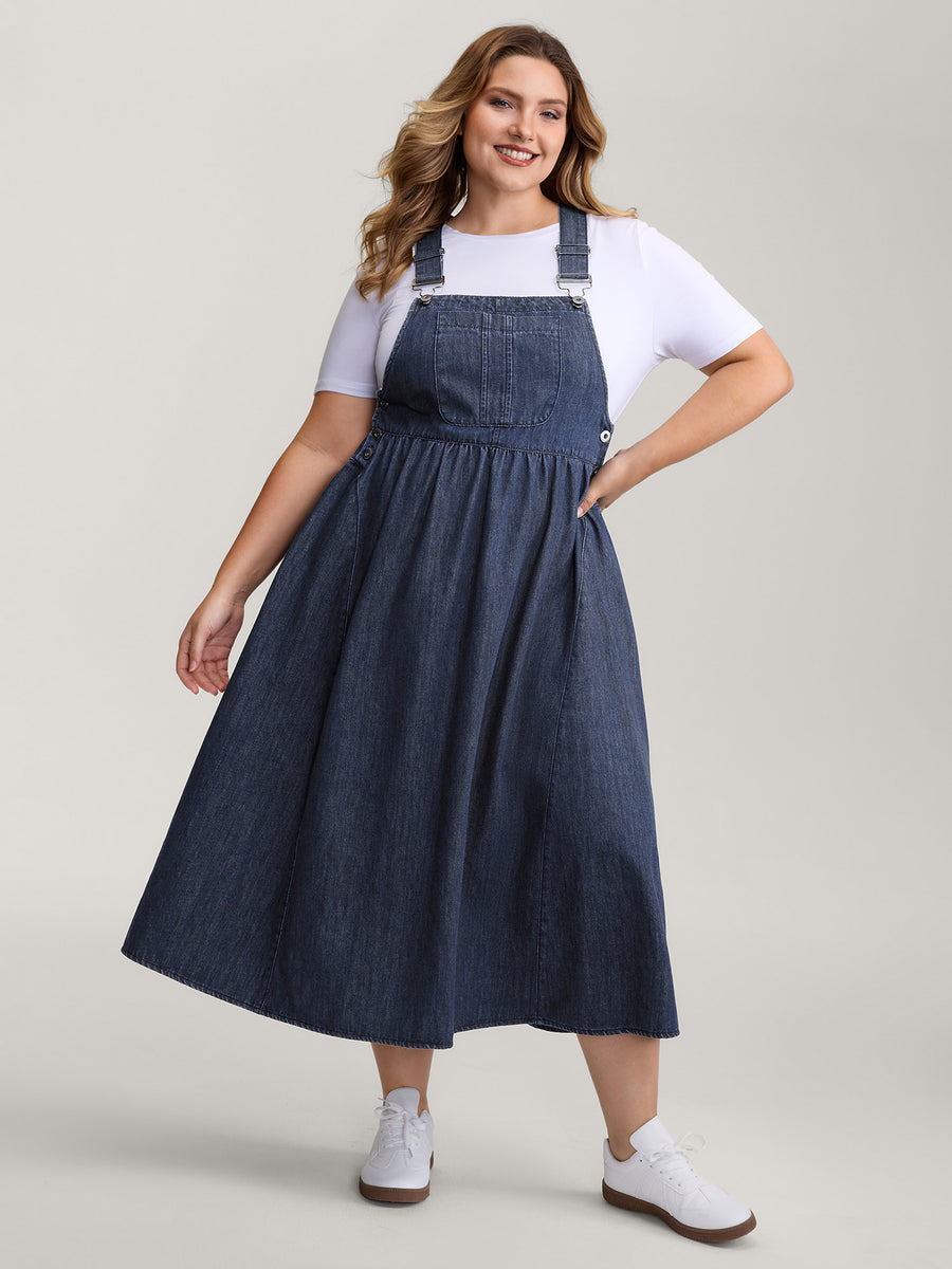 denim apron midi dress Yumi Apron Dress in Light blue wash | Silk cotton denim