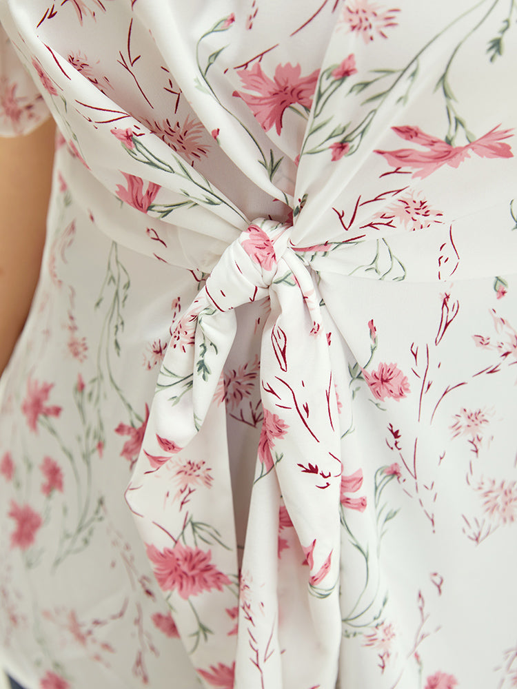 Floral Ruffle Knyhole Raglan Sleeve Knotted Front Blouse – BloomChic