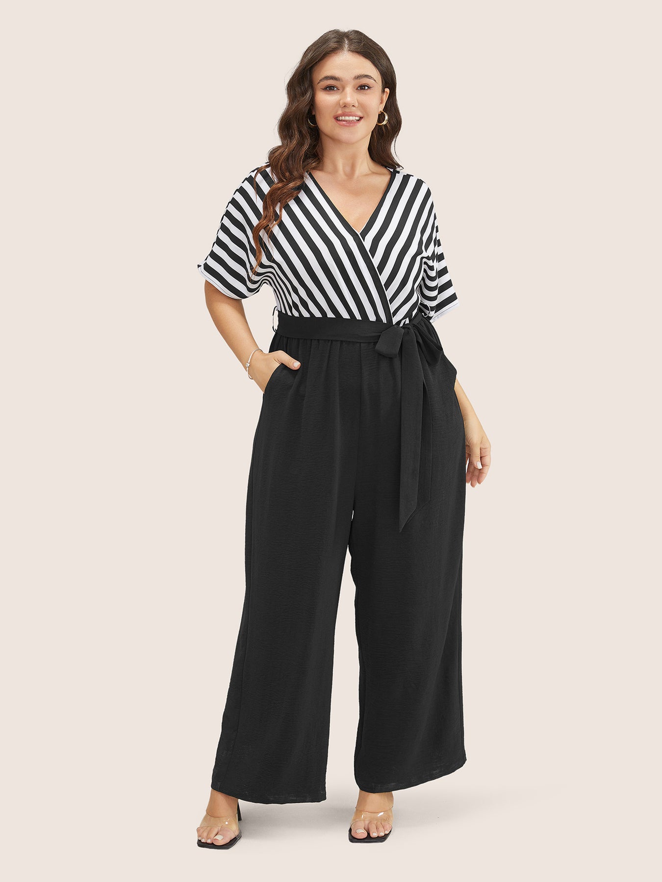 Striped Patchwork Pocket Batwing Sleeve Belted Wrap Jumpsuit – BloomChic