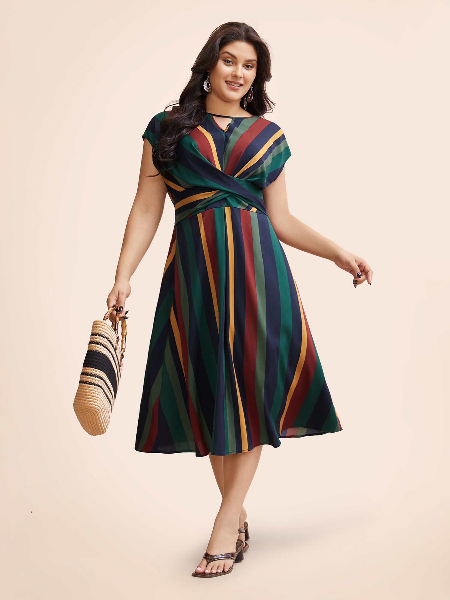 Striped Crossover Shirred Cap Sleeve Dress 1