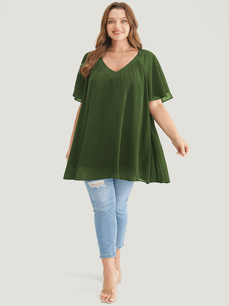 Solid Ruffles Gathered Mesh Raglan Sleeve Blouse BloomChic