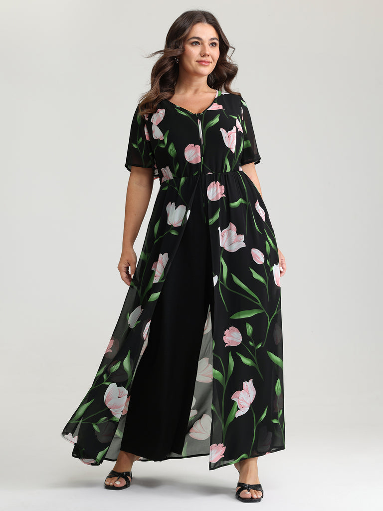 Hidden Zipper Floral Layered Pockets Jumpsuit