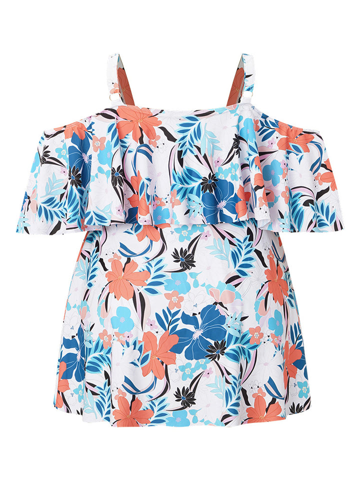 summerです Tropical Adjustable Straps Cold Shoulder Ruffles Trim Swim