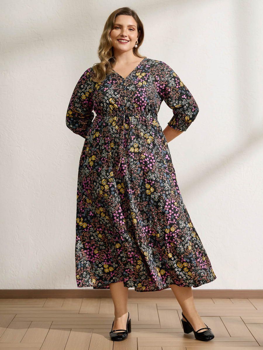 maxi bloomchic dresses BloomChic Women's Plus Size Black Floral Print Smocked Pockets Maxi Elegant Drawstring Dress, 10/M