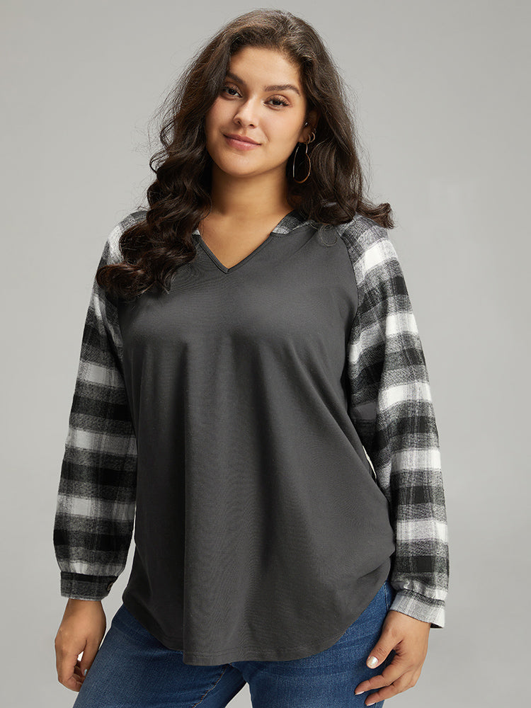 Plaid splicing  Pocketed hoodie