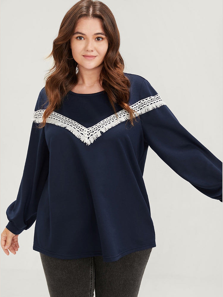 Plain Round Neck Contrast Lace Drop Shoulder Sweatshirt