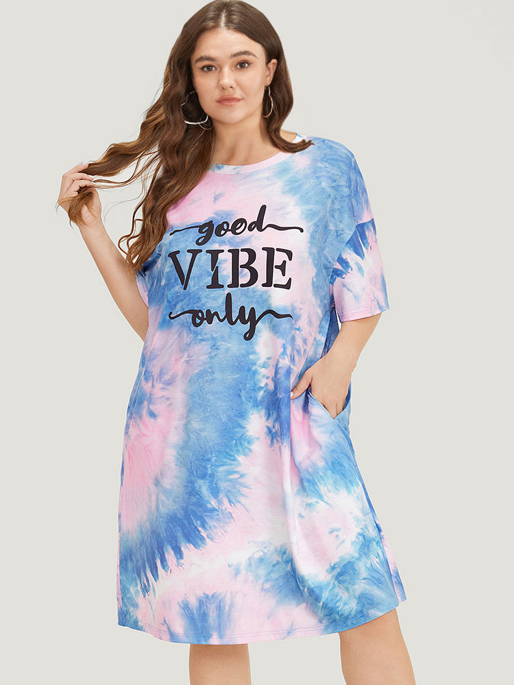 Letter Print Pocket Crew Neck Tie Dye Dress