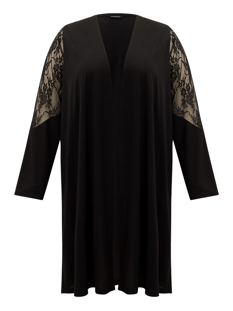 Supersoft Essentials Solid Crochet Lace Mesh Drape Open Front Coat
